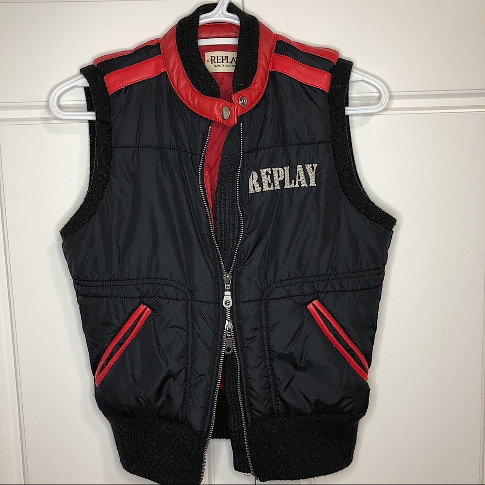 Replay Quilted Bomber Vest Black Red Jacket